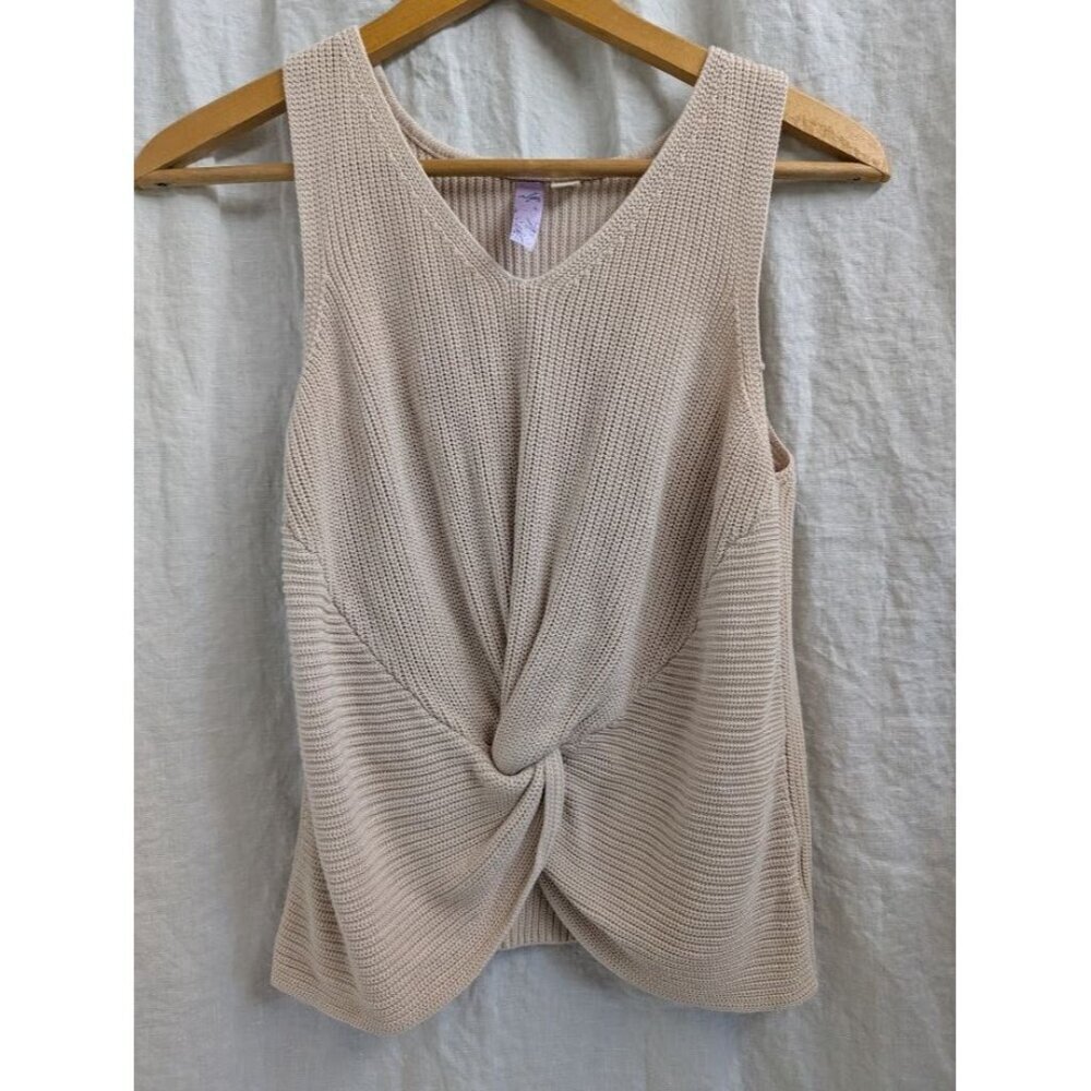 Alga v neck knit sweater tank with knotted front | tan women's size Medium A2 - Picture 2 of 8